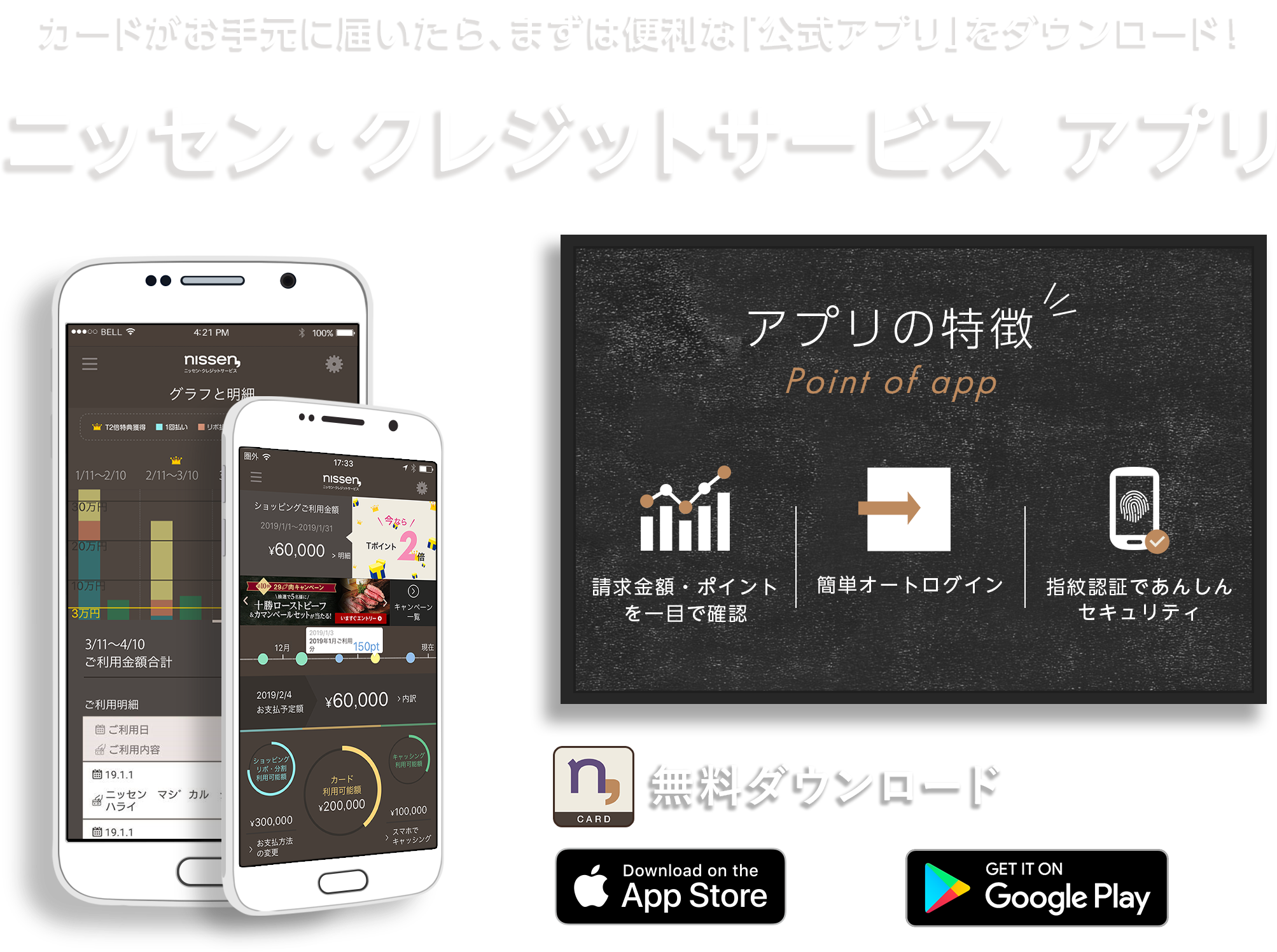 カードがお手元に届いたら、まずは便利な「公式アプリ」をダウンロード！ニッセン・クレジットサービスアプリ　アプリの特徴　請求・ポイントを一目で確認　簡単オートログイン　指紋認証であんしんセキュリティ