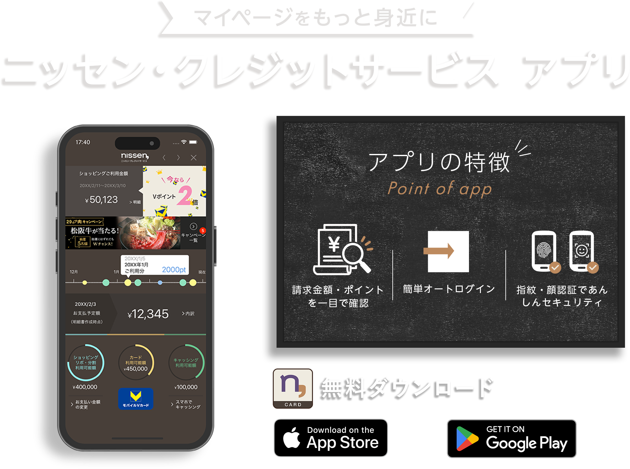 マイページをもっと身近に。ニッセン・クレジットサービスアプリ　アプリの特徴　請求・ポイントを一目で確認　簡単オートログイン　指紋・顔認証であんしんセキュリティ