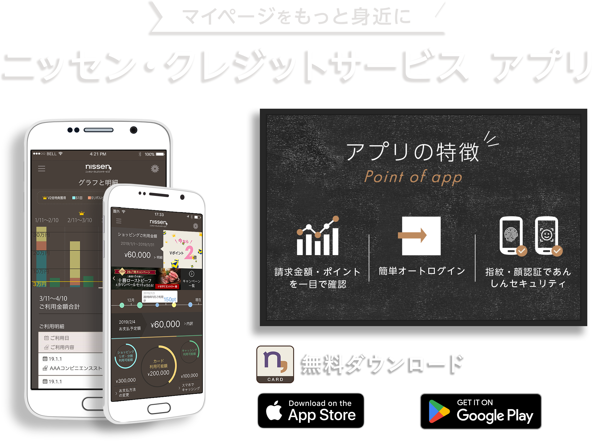 マイページをもっと身近に。ニッセン・クレジットサービスアプリ　アプリの特徴　請求・ポイントを一目で確認　簡単オートログイン　指紋・顔認証であんしんセキュリティ