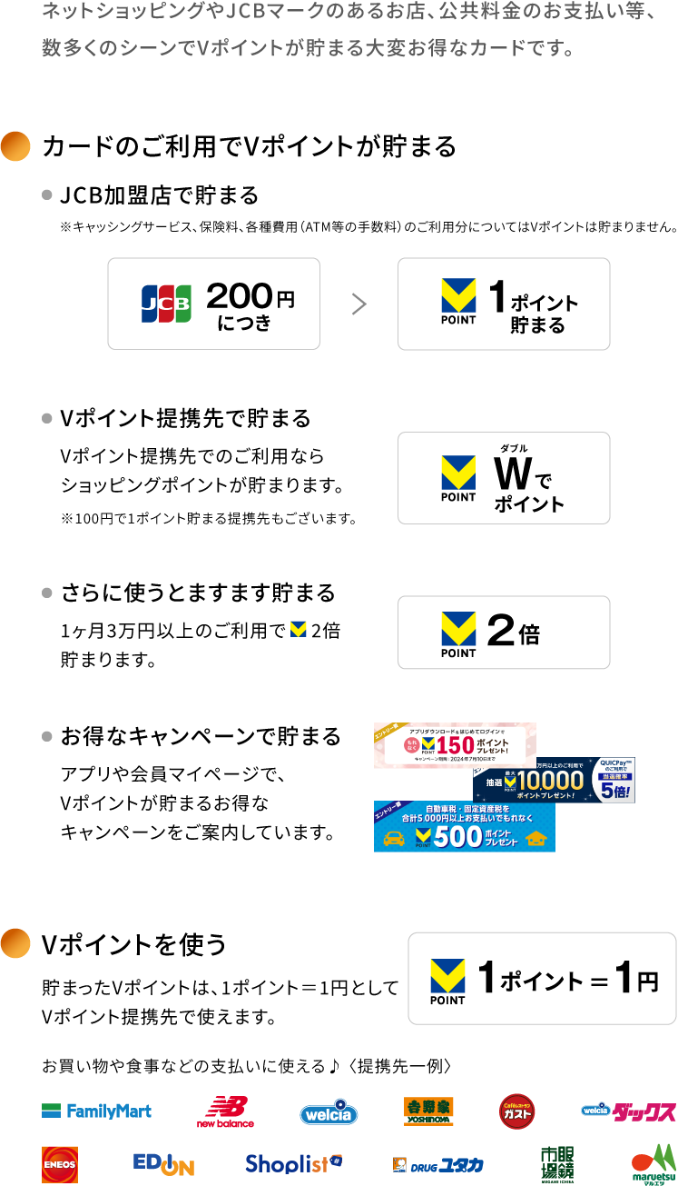 ネットショッピングやJCBマークのあるお店、公共料金のお支払い等、数多くのシーンでVポイントが貯まる大変お得なカードです。