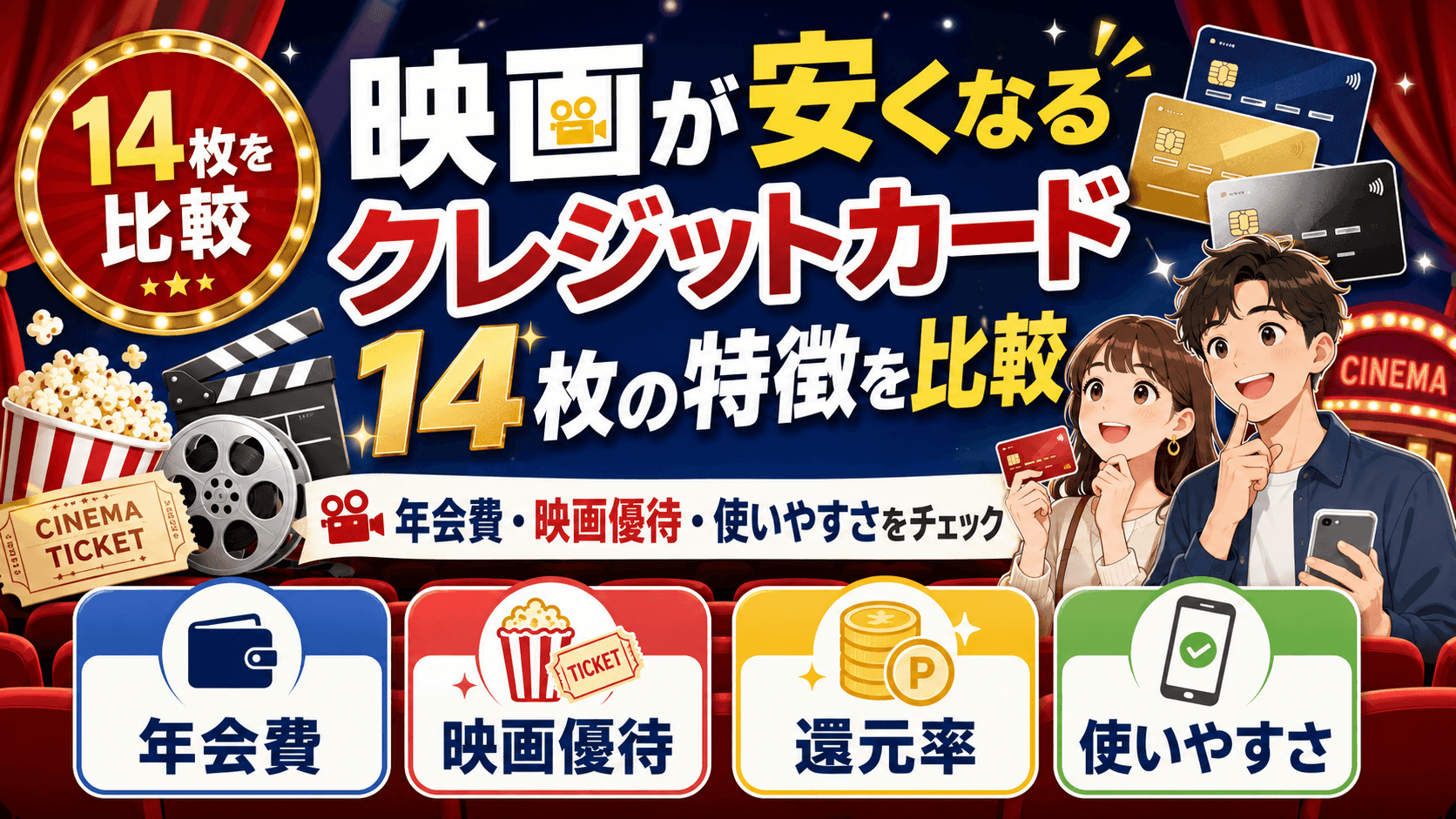 映画が安くなるクレジットカード14枚の特徴を比較 のアイキャッチ画像