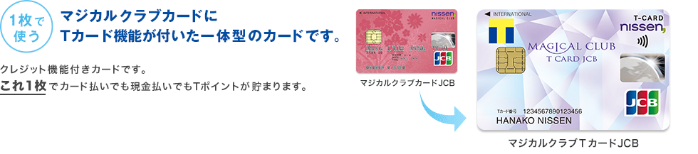 1枚で使う マジカルクラブカードにTカード機能が付いた一体型のカードです。クレジット機能付きカードです。これ1枚でカード払いも現金払いの時もTポイントが貯まります。