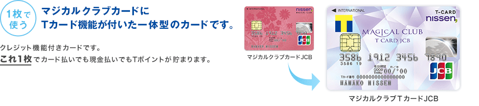 1枚で使う マジカルクラブカードにTカード機能が付いた一体型のカードです。クレジット機能付きカードです。これ1枚でカード払いも現金払いの時もTポイントが貯まります。